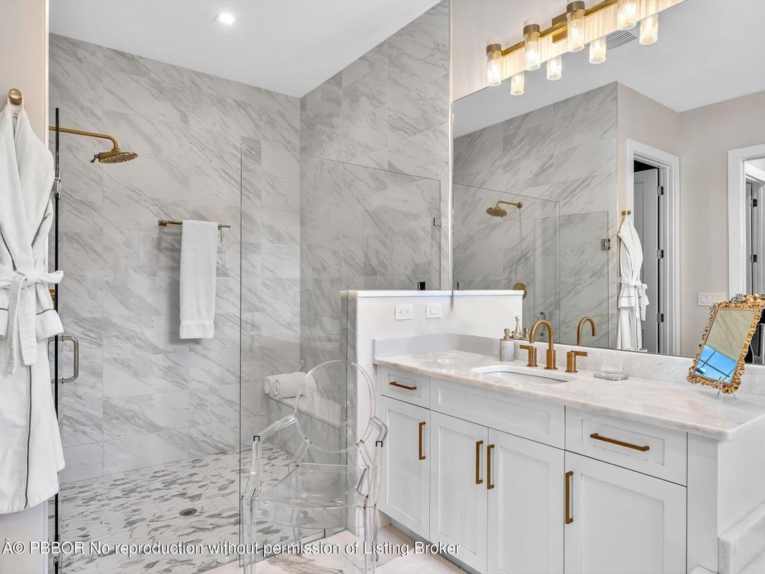 Bathroom, Dual Sink Vanities, Glass Shower, Interior, Marble Walls, Recessed Lighting