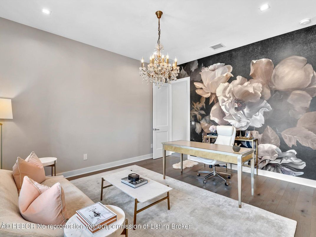 Chandelier, Home Office, Interior, Recessed Lighting, Wood Texture Flooring