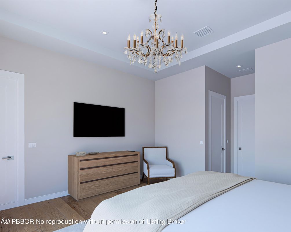 Bedroom, Chandelier, Interior, Recessed Lighting, Wood Texture Flooring