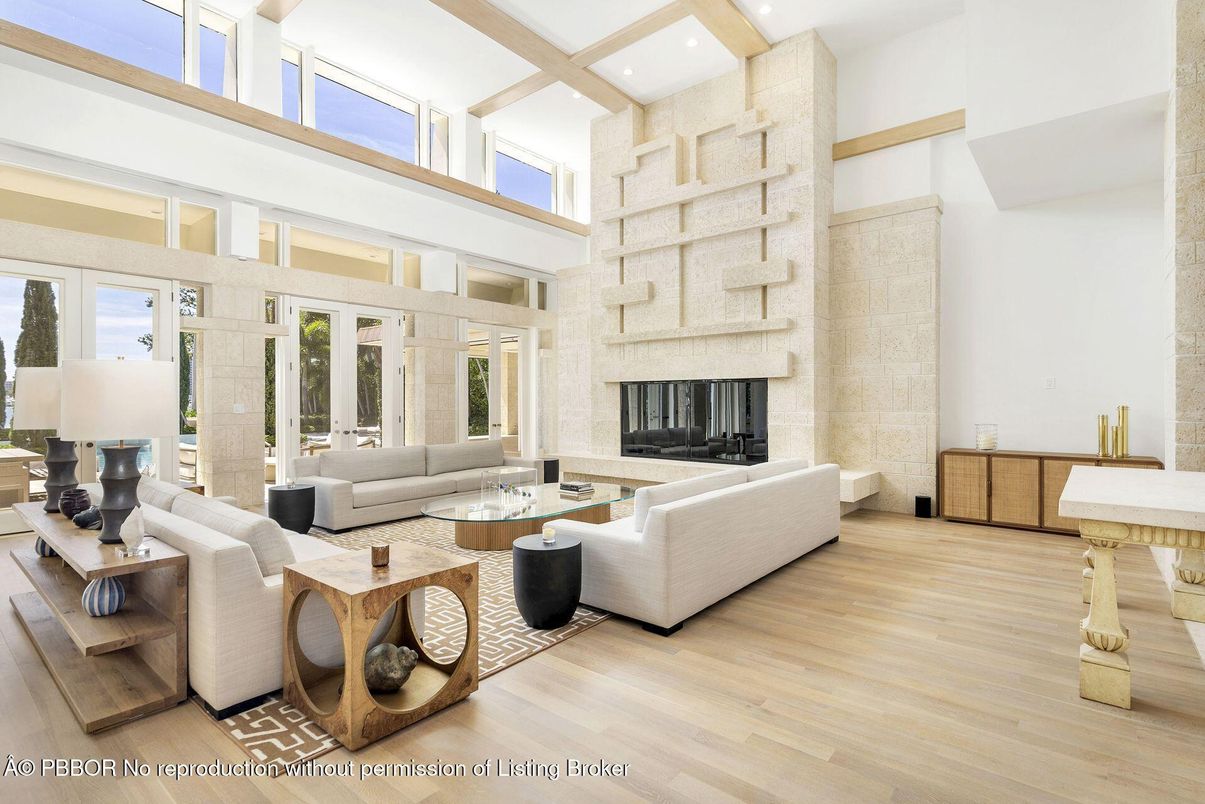 Fireplace, Interior, Living room, Recessed Lighting, Stone Walls, Wood Texture Flooring