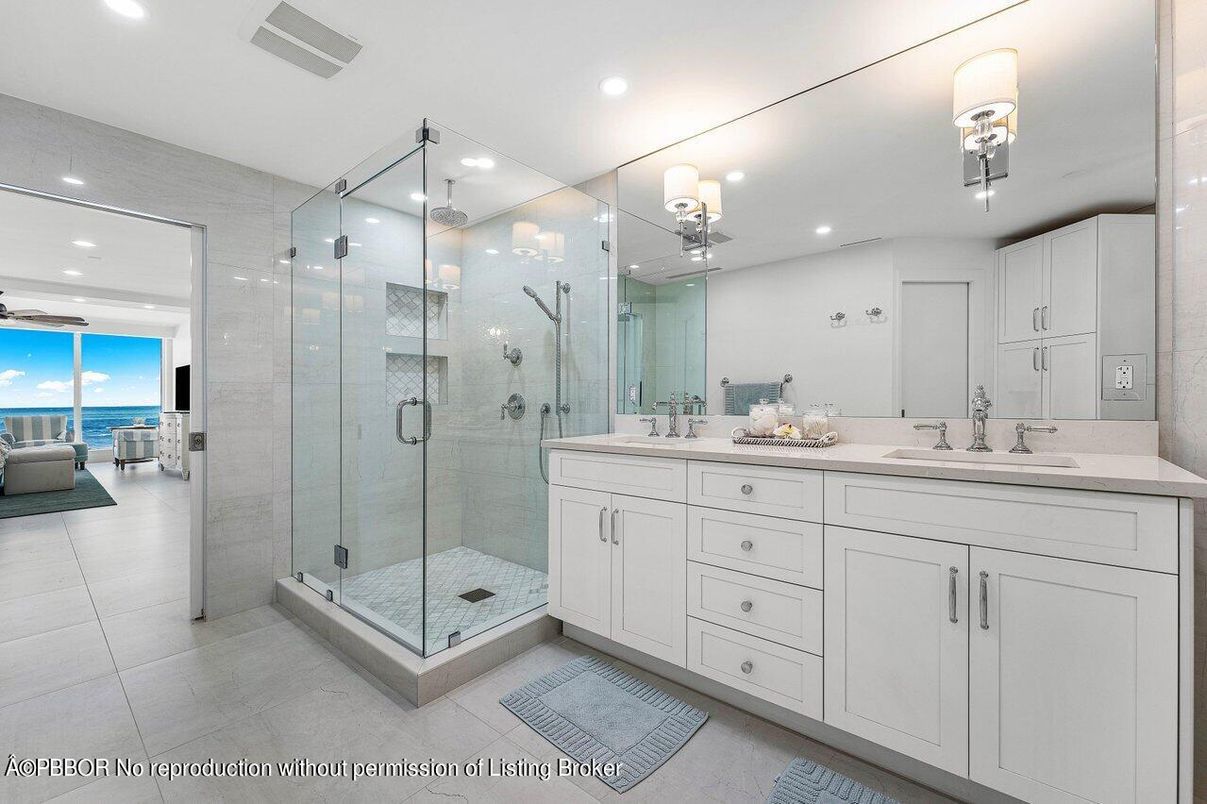 Bathroom, Dual Sink Vanities, Glass Shower, Interior, Recessed Lighting, Water