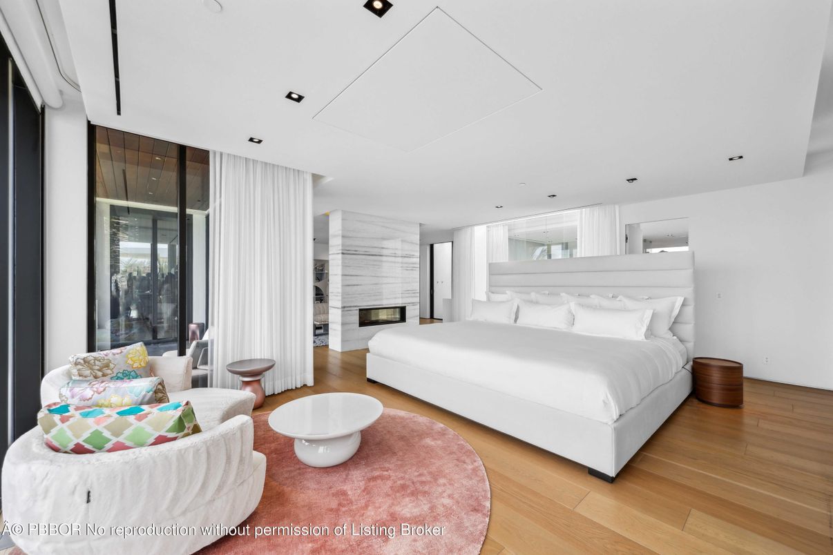 Bedroom, Fireplace, Interior, Recessed Lighting, Wood Texture Flooring