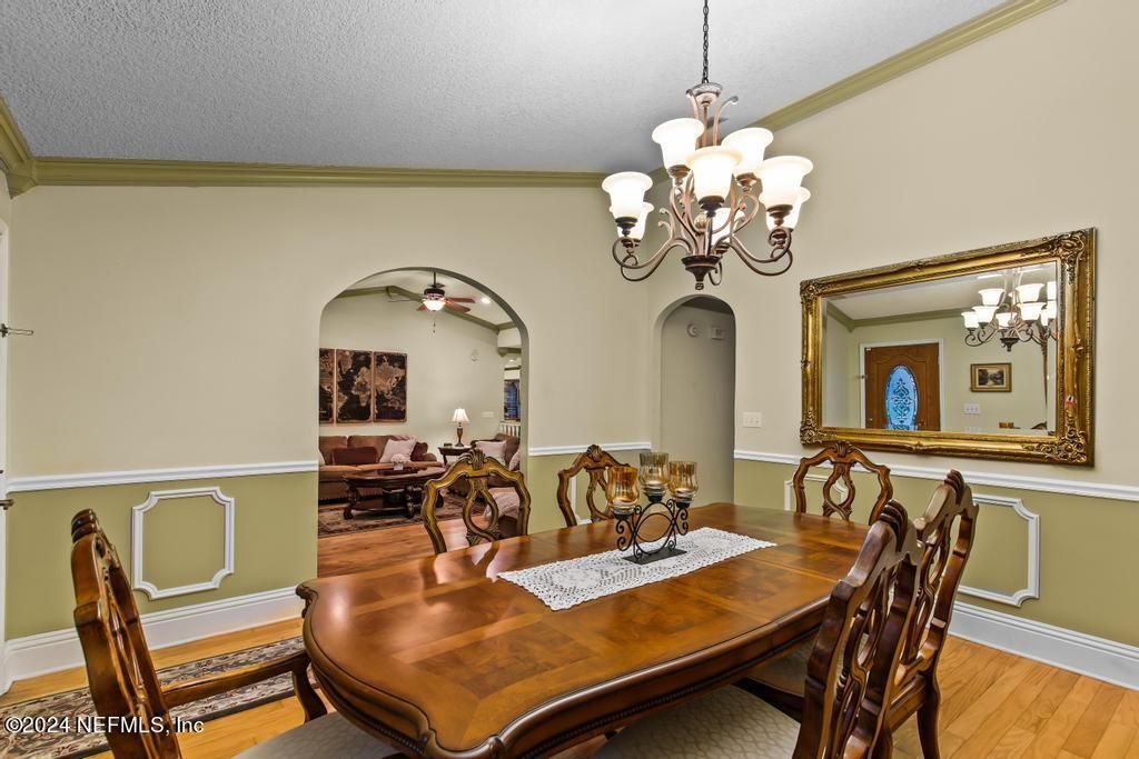 Chandelier, Dining room, Interior, Wood Texture Flooring
