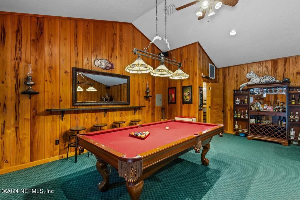 Billiard Table, Game Room, Interior, Pendant Lights, Recessed Lighting, Wooden Walls