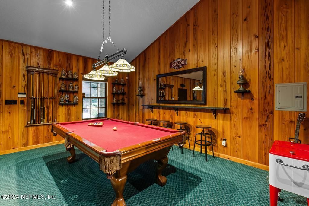 Billiard Table, Game Room, Interior, Pendant Lights, Wooden Walls