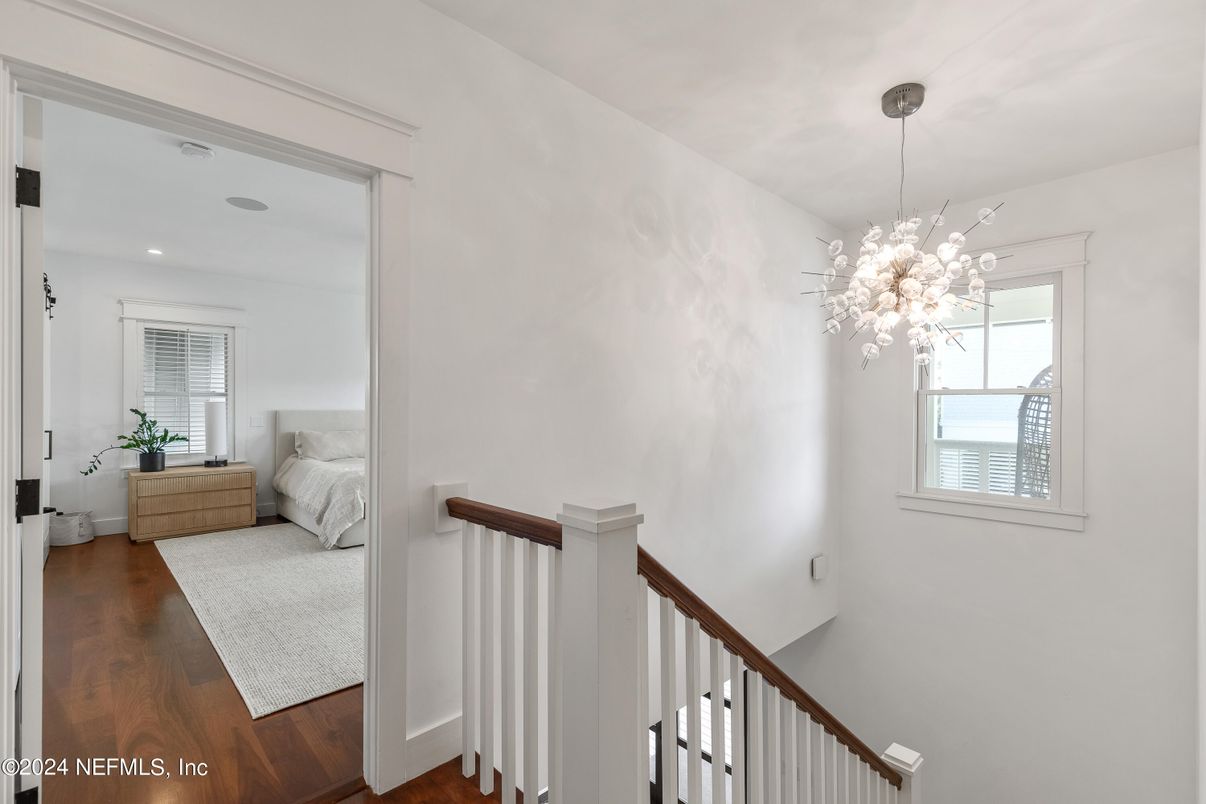 Bedroom, Chandelier, Interior, Recessed Lighting, Wood Texture Flooring
