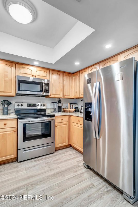 Interior, Kitchen, Recessed Lighting, Stainless Steel Appliances, Wood Texture Flooring