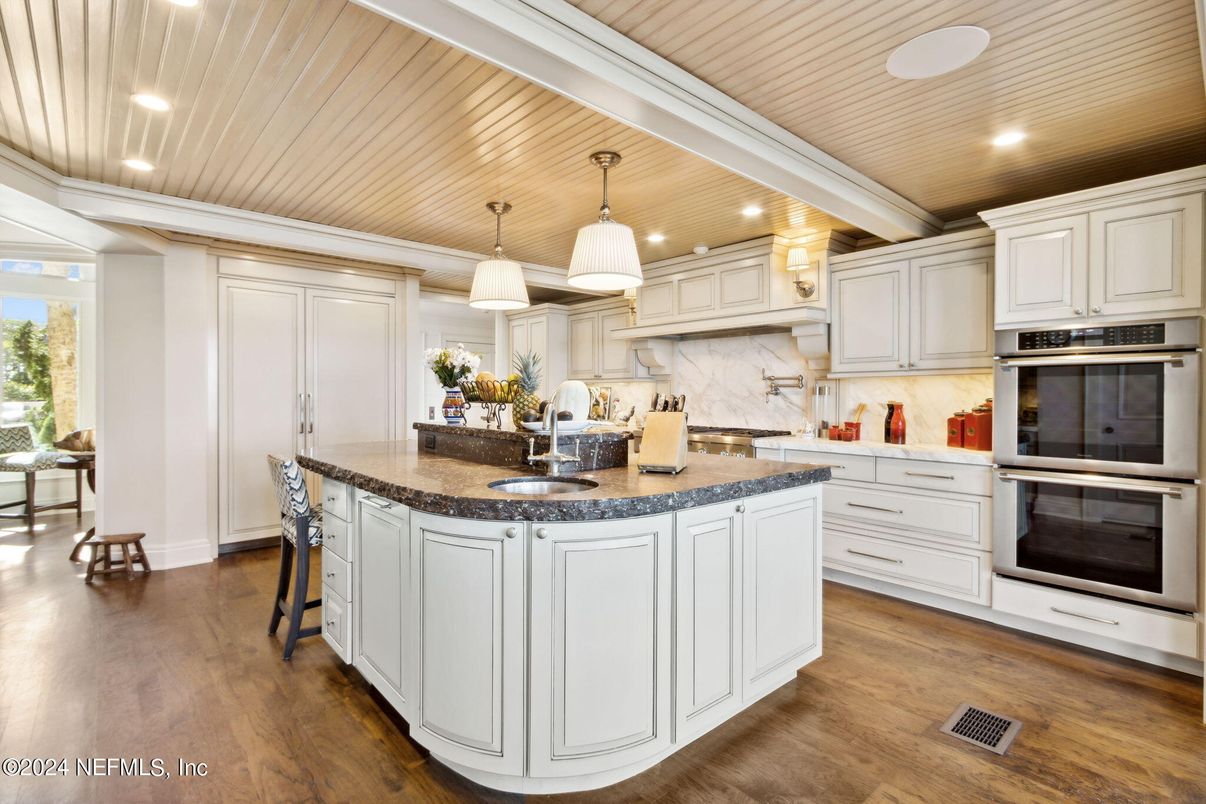 Interior, Kitchen, Pendant Lights, Recessed Lighting, Stainless Steel Appliances, Wooden Ceilings, Wood Texture Flooring