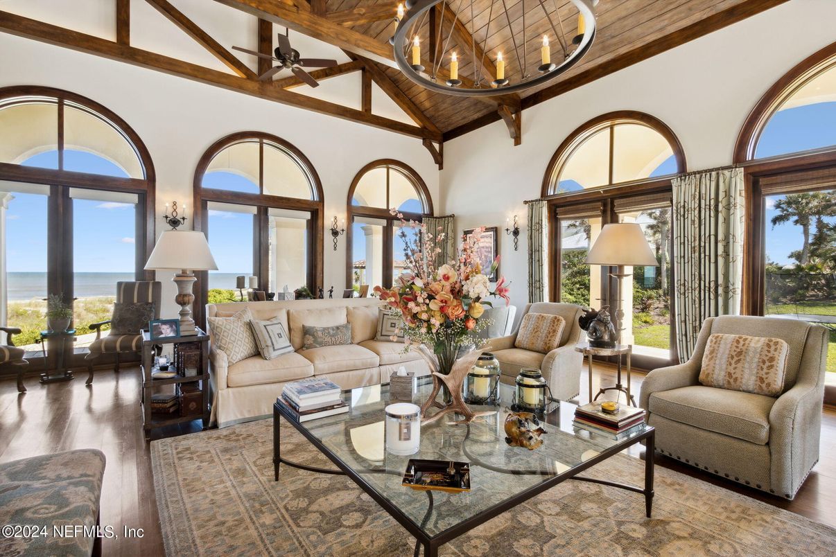 Chandelier, Interior, Living room, Water, Wooden Beams, Wooden Ceilings, Wood Texture Flooring