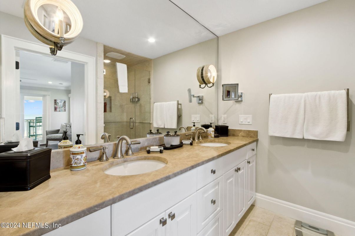 Bathroom, Dual Sink Vanities, Glass Shower, Interior, Recessed Lighting