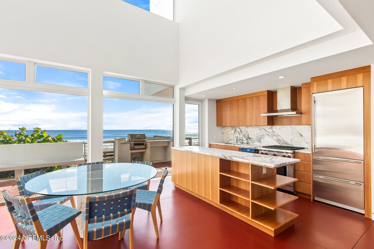 Dining room, Interior, Kitchen, Marble Walls, Recessed Lighting, Stainless Steel Appliances, Water