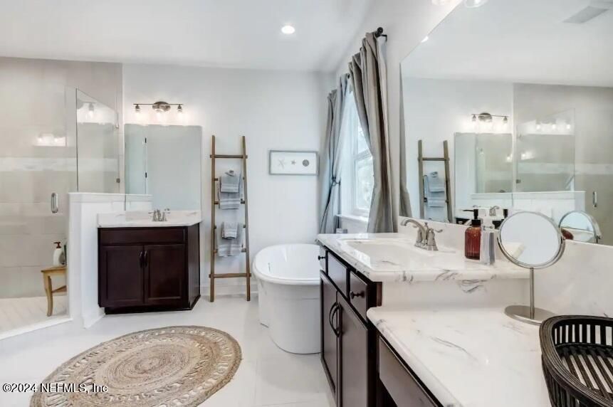 Bathroom, Dual Sink Vanities, Free Standing Baths, Glass Shower, Interior, Recessed Lighting