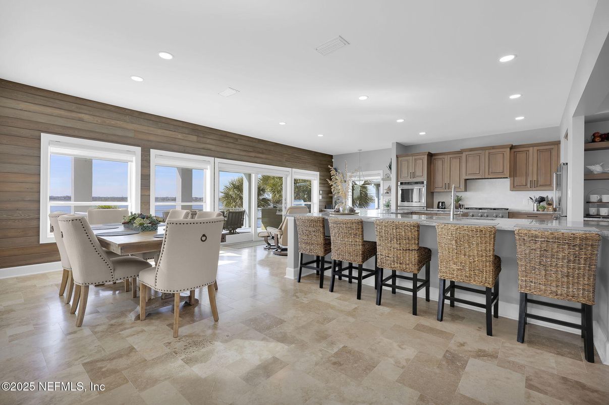 Dining room, Interior, Kitchen, Recessed Lighting, Stainless Steel Appliances, Wooden Walls