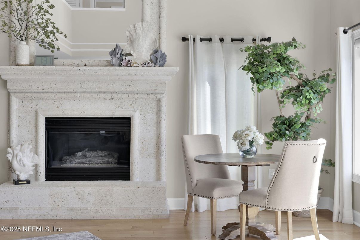 Dining room, Fireplace, Interior, Wood Texture Flooring