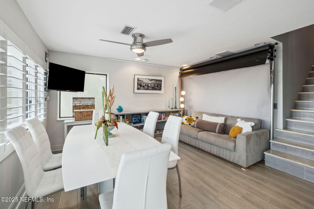 Dining room, Interior, Living room, Recessed Lighting, Wood Texture Flooring