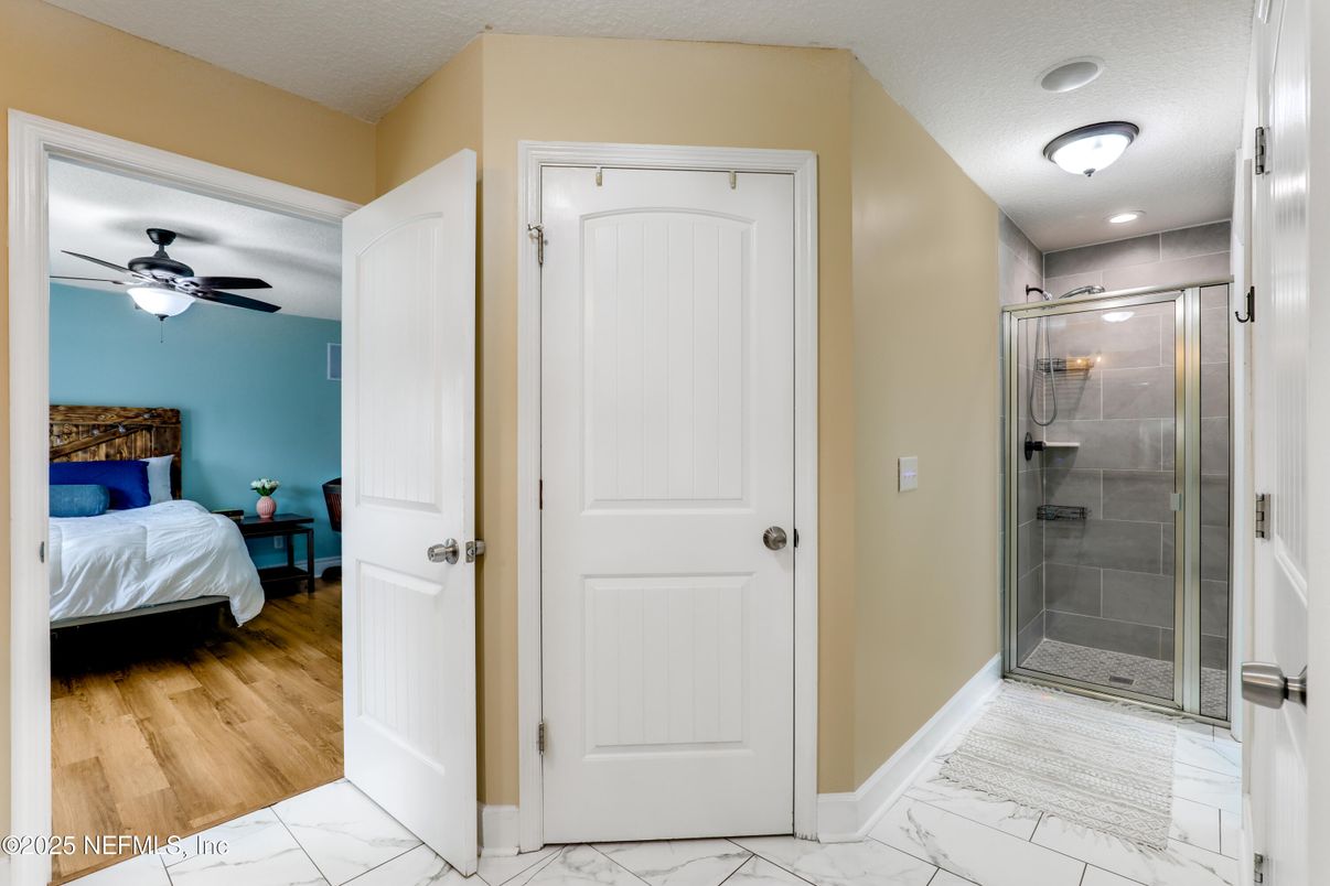 Bathroom, Bedroom, Glass Shower, Interior, Marble, Recessed Lighting, Wood Texture Flooring