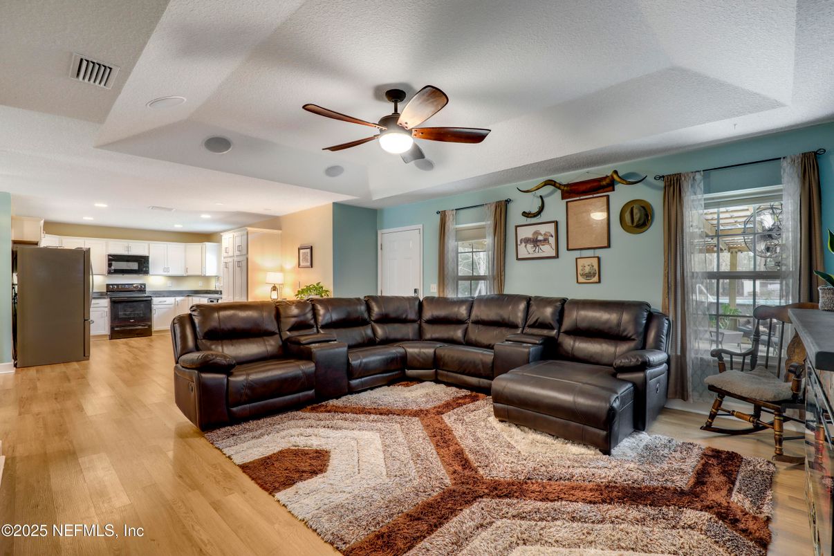 Interior, Kitchen, Living room, Recessed Lighting, Stainless Steel Appliances, Wood Texture Flooring