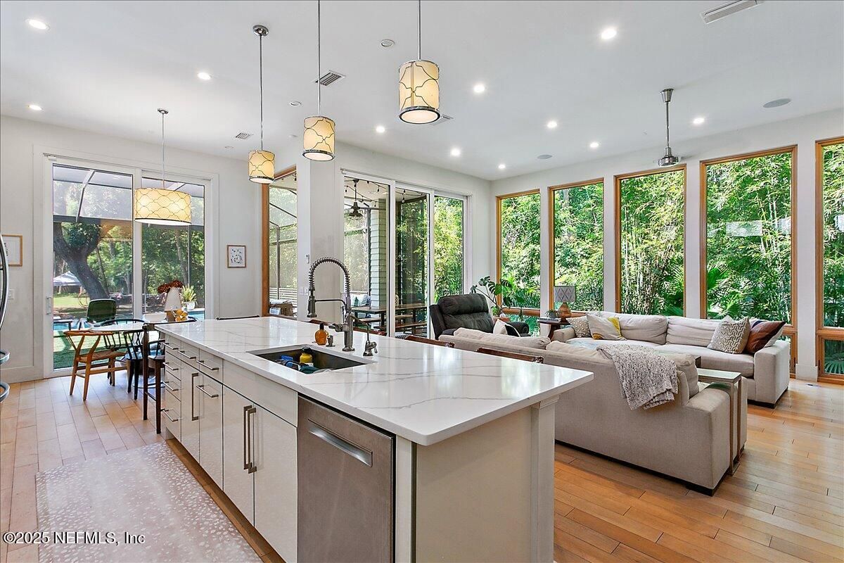 Dining room, Interior, Kitchen, Living room, Pendant Lights, Recessed Lighting, Wood Texture Flooring