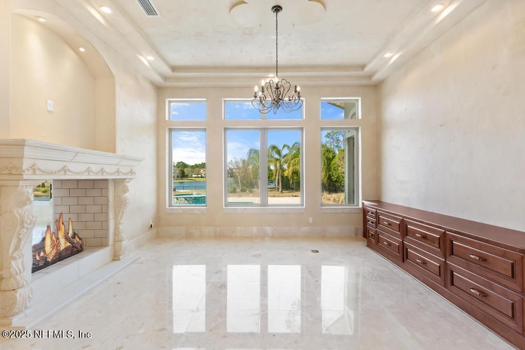 Chandelier, Empty room, Fireplace, Interior, Recessed Lighting