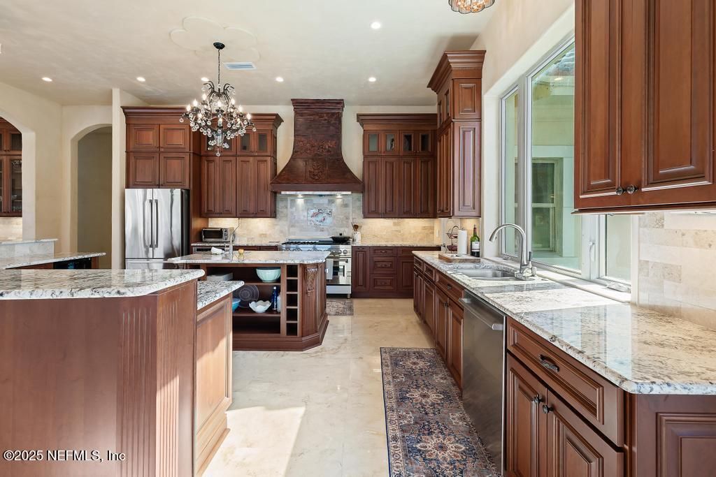 Chandelier, Interior, Kitchen, Recessed Lighting, Stainless Steel Appliances