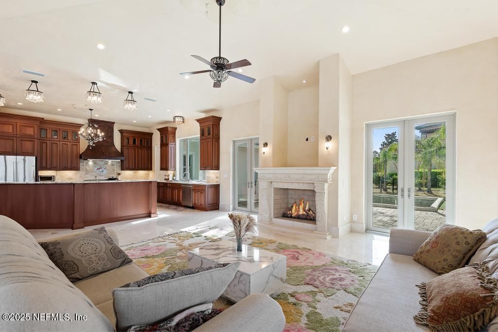 Fireplace, Interior, Kitchen, Living room, Pendant Lights, Recessed Lighting, Stainless Steel Appliances