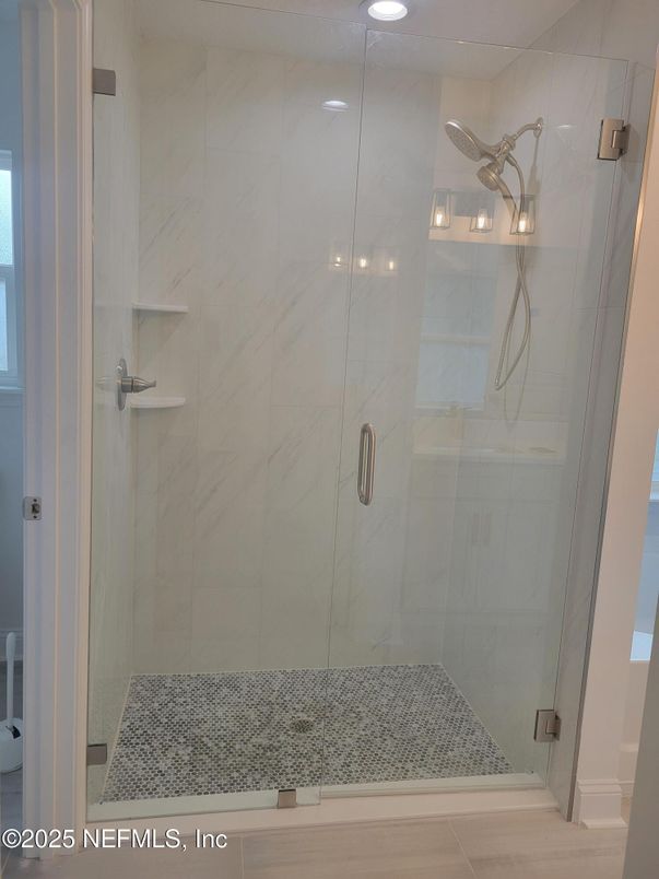 Bathroom, Glass Shower, Interior, Marble Walls, Recessed Lighting