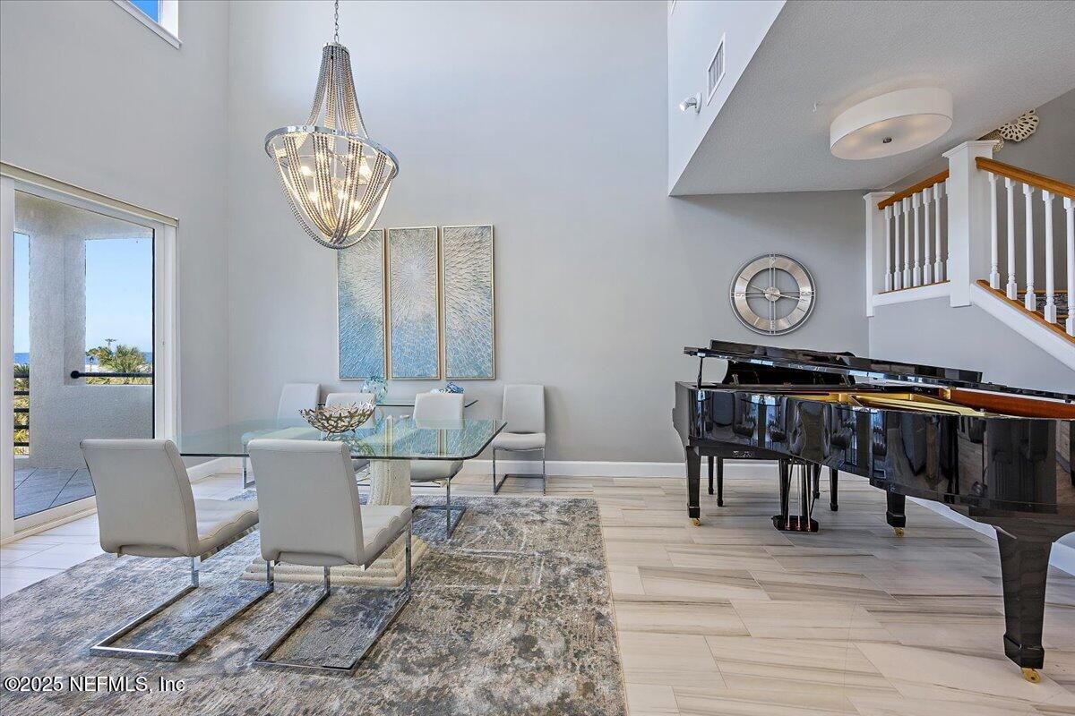 Dining room, Interior, Pendant Lights, Piano, Wood Texture Flooring
