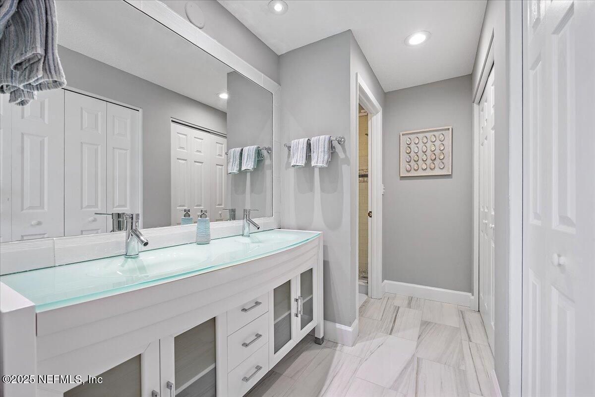 Bathroom, Dual Sink Vanities, Interior, Marble, Recessed Lighting