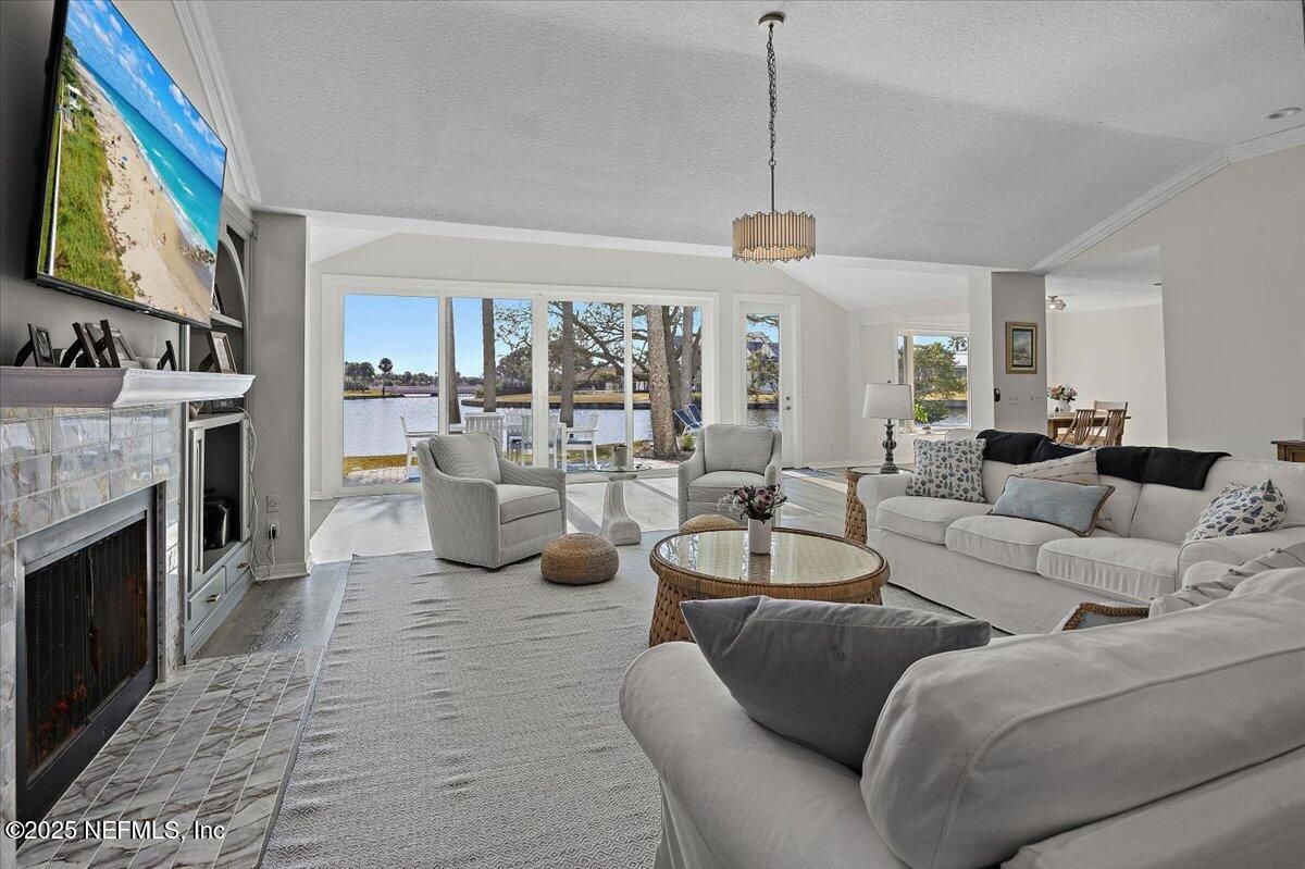 Dining room, Fireplace, Interior, Living room, Pendant Lights
