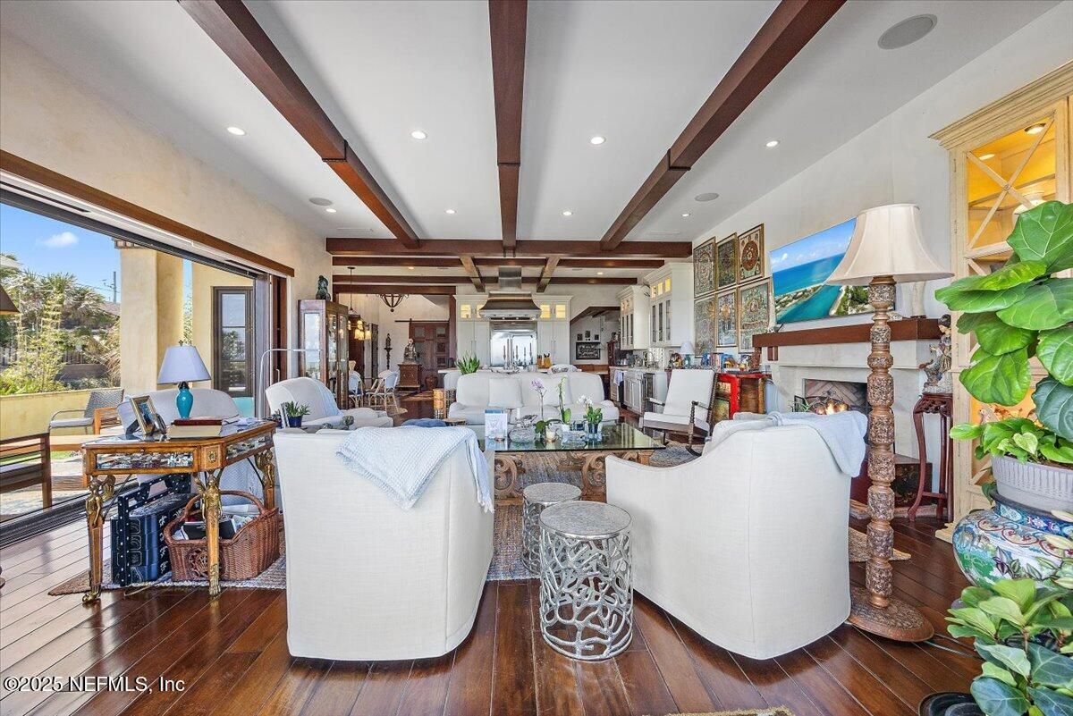 Dining room, Fireplace, Interior, Living room, Recessed Lighting, Wooden Beams, Wood Texture Flooring
