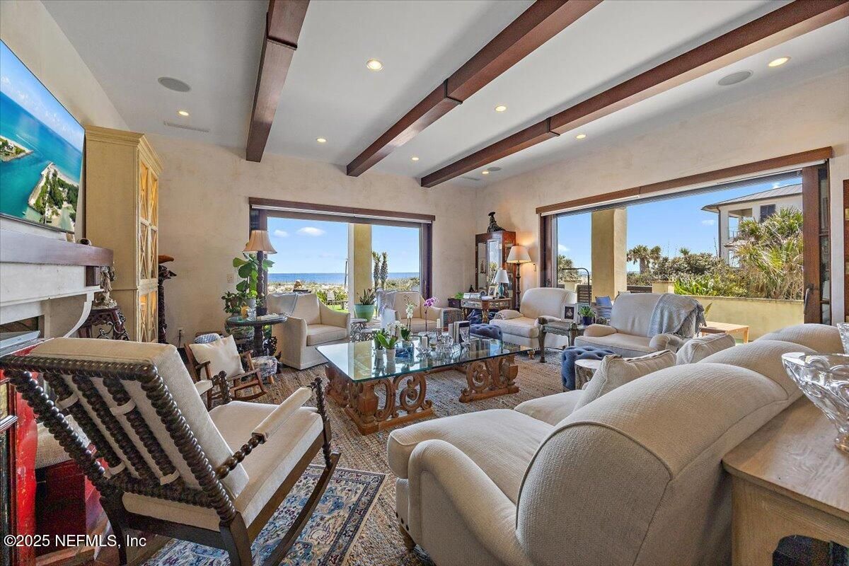 Fireplace, Interior, Living room, Recessed Lighting, Wooden Beams
