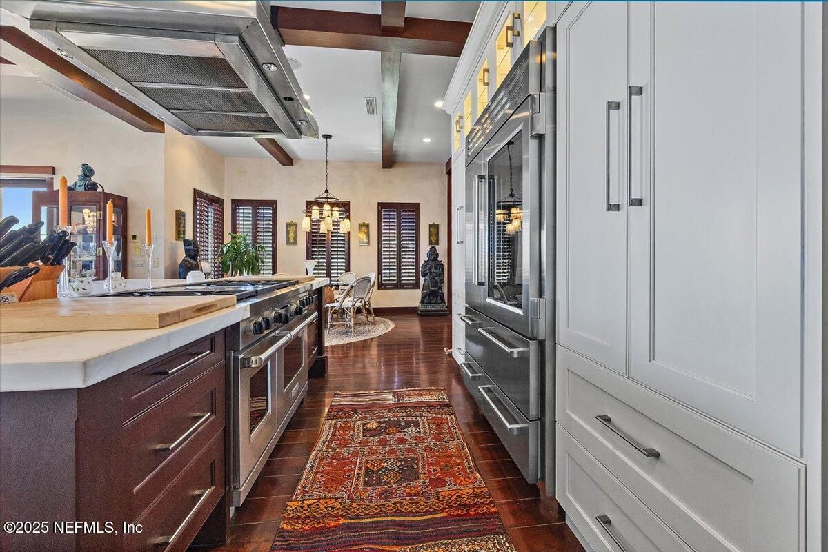 Dining room, Interior, Kitchen, Pendant Lights, Recessed Lighting, Stainless Steel Appliances, Wooden Beams, Wood Texture Flooring