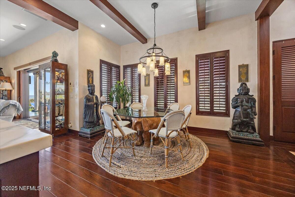 Dining room, Interior, Pendant Lights, Recessed Lighting, Wooden Beams, Wood Texture Flooring