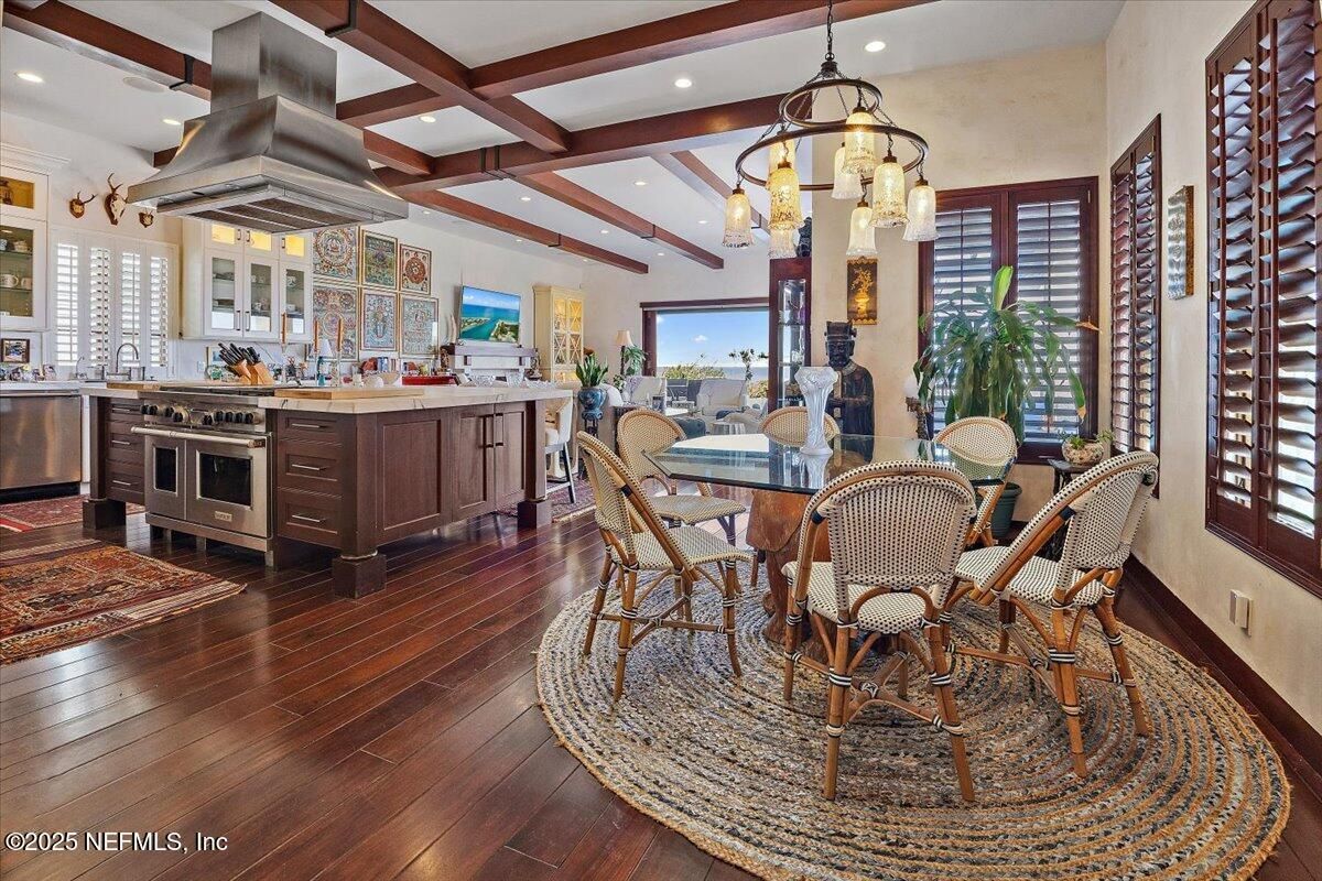 Chandelier, Dining room, Interior, Kitchen, Pendant Lights, Recessed Lighting, Stainless Steel Appliances, Wooden Beams, Wood Texture Flooring