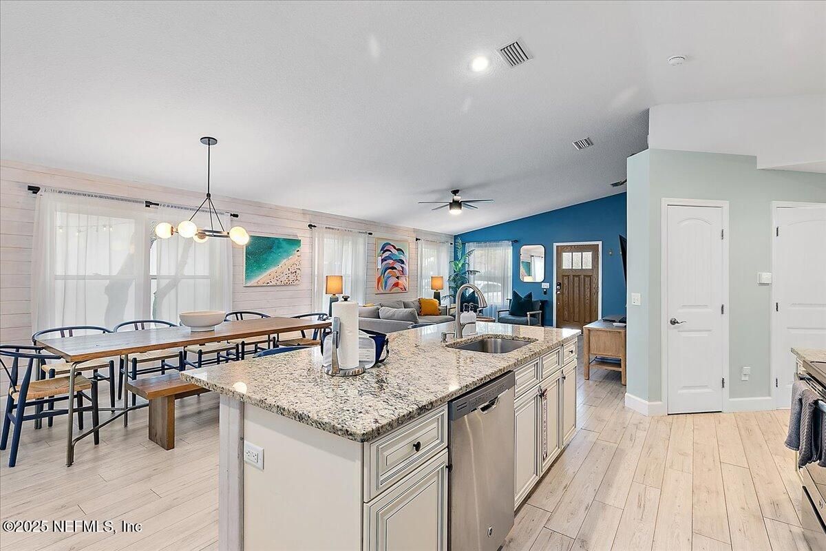Dining room, Interior, Kitchen, Living room, Pendant Lights, Recessed Lighting, Wood Texture Flooring