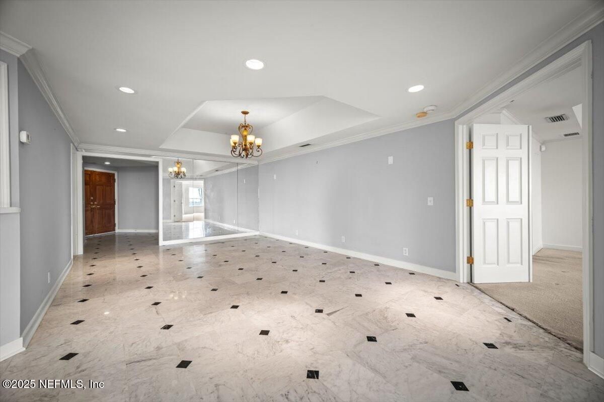 Chandelier, Empty room, Interior, Marble, Recessed Lighting