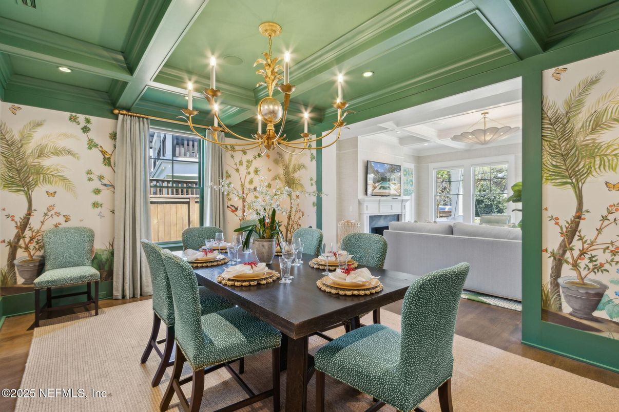 Chandelier, Dining room, Fireplace, Interior, Living room, Recessed Lighting, Wood Texture Flooring