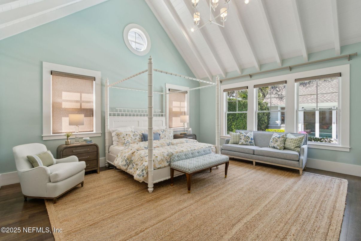 Bedroom, Interior, Pendant Lights, Wood Texture Flooring