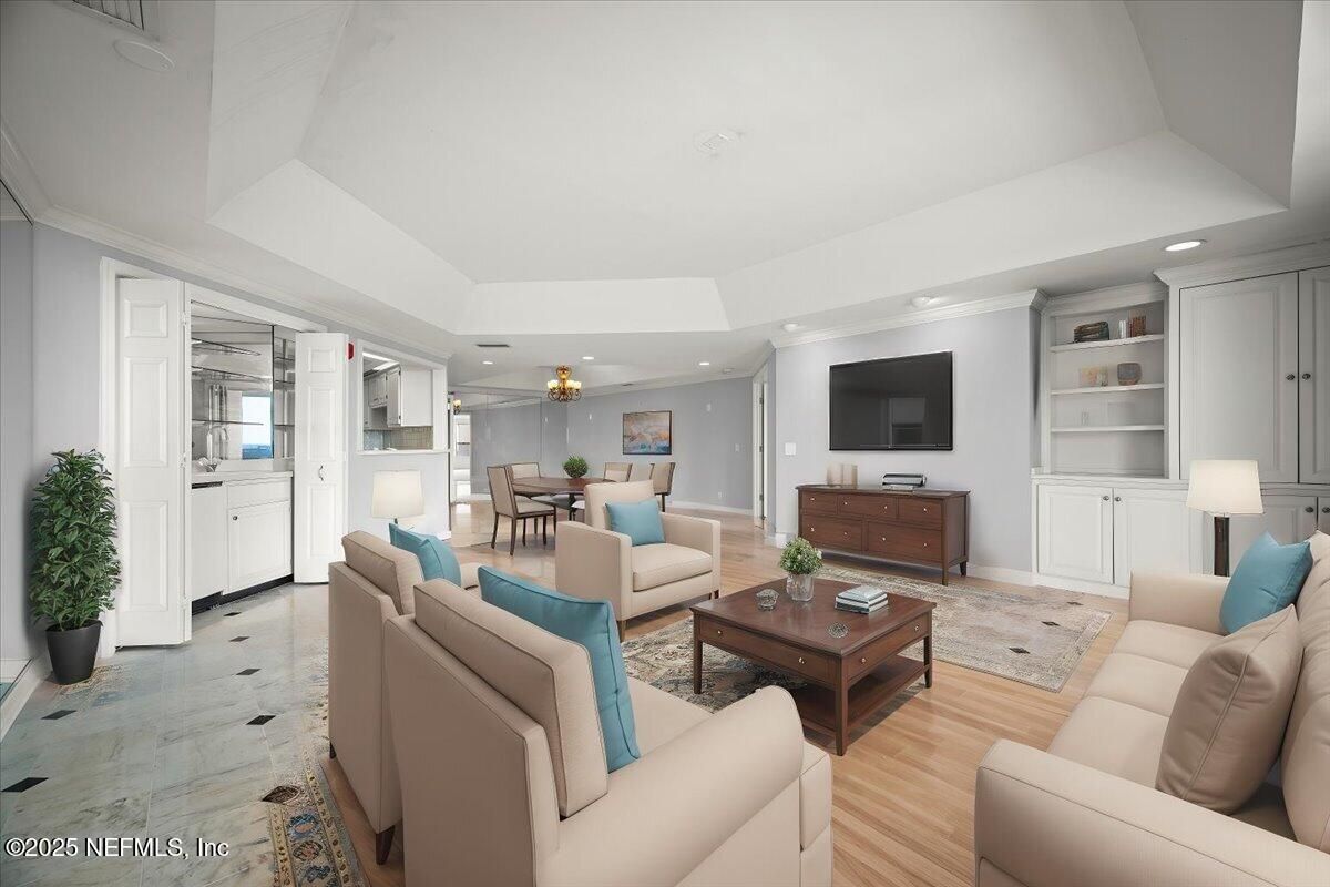 Dining room, Interior, Living room, Recessed Lighting, Wood Texture Flooring