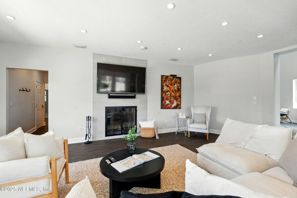 Fireplace, Interior, Living room, Recessed Lighting, Wood Texture Flooring