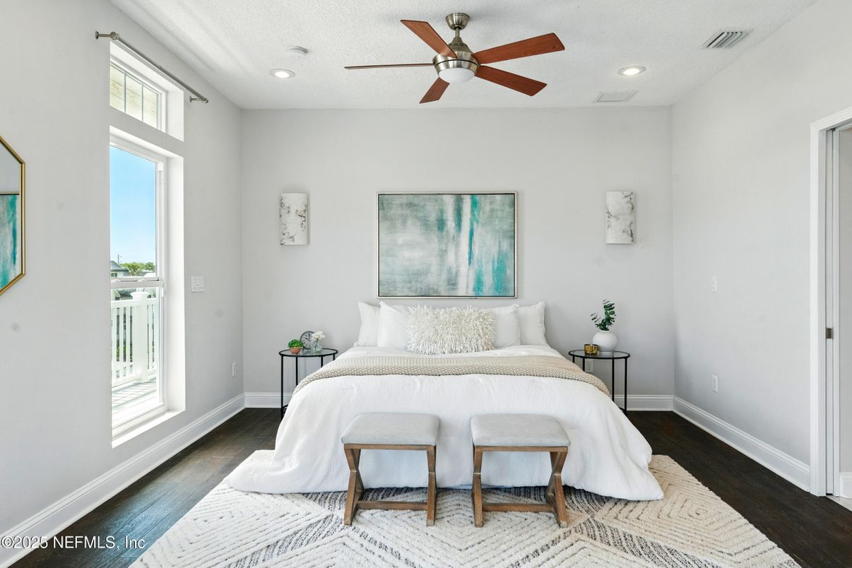 Bedroom, Interior, Recessed Lighting, Wood Texture Flooring