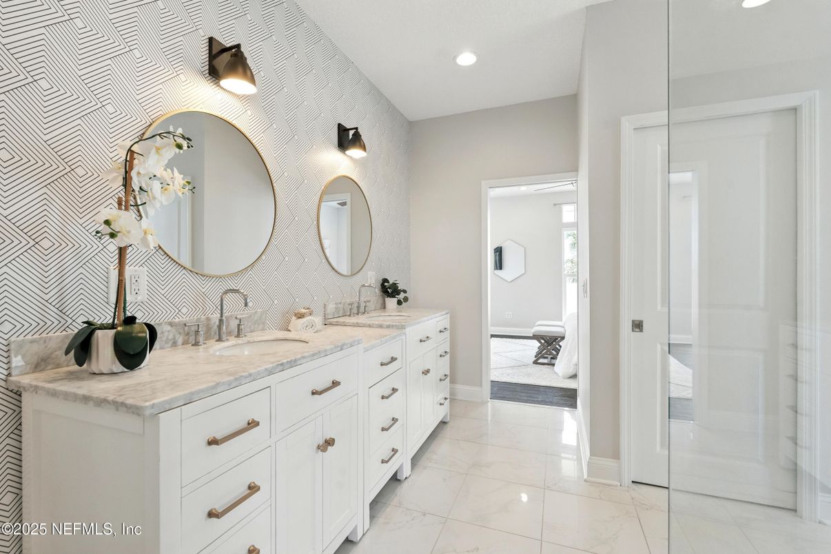 Bathroom, Dual Sink Vanities, Interior, Marble, Recessed Lighting