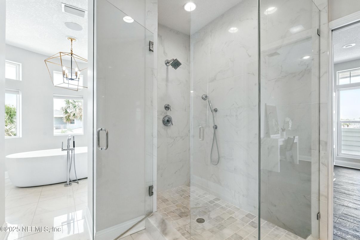 Bathroom, Free Standing Baths, Glass Shower, Interior, Marble Walls, Pendant Lights, Recessed Lighting