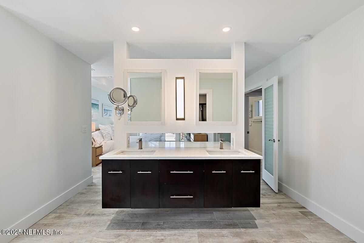 Bathroom, Dual Sink Vanities, Interior, Recessed Lighting, Wood Texture Flooring