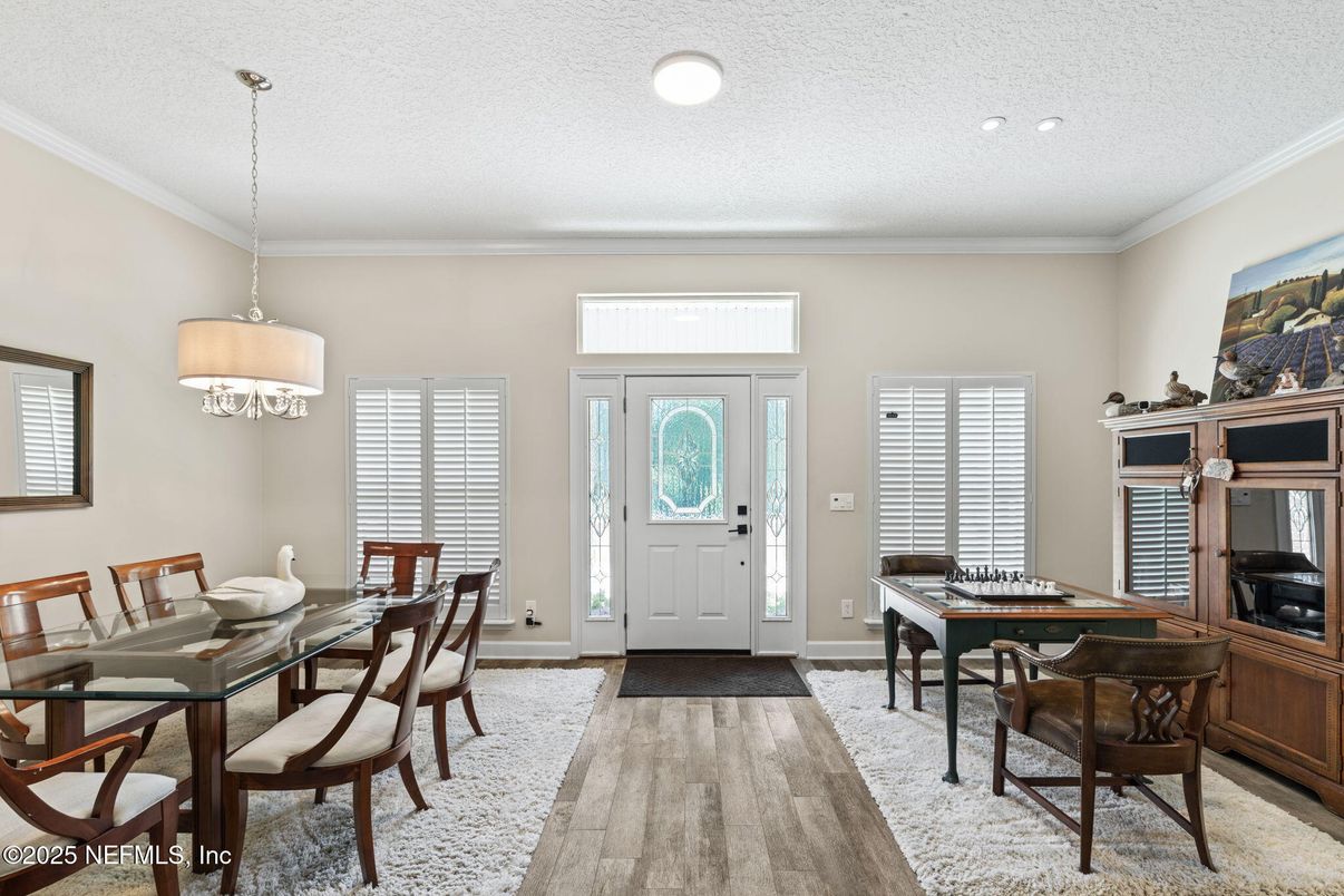 Dining room, Interior, Pendant Lights, Recessed Lighting, Wood Texture Flooring