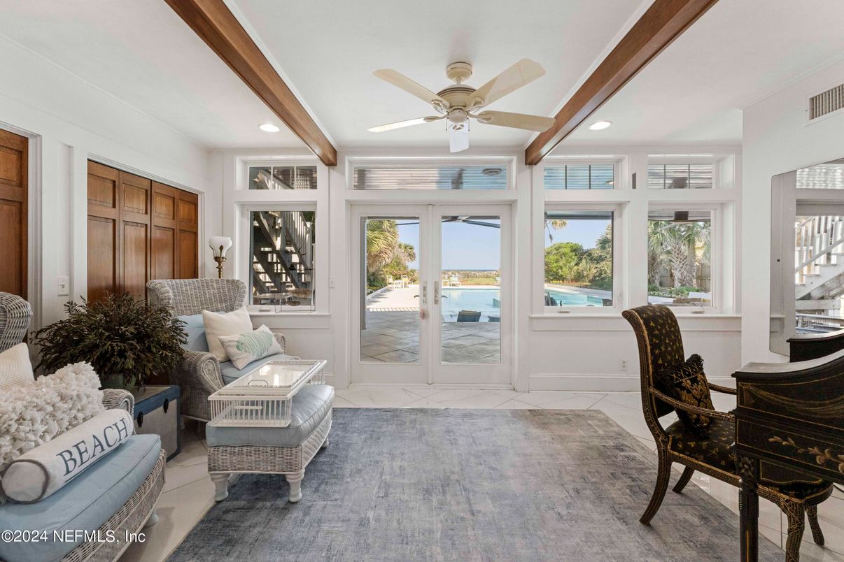 Interior, Living room, Recessed Lighting, Water, Wooden Beams