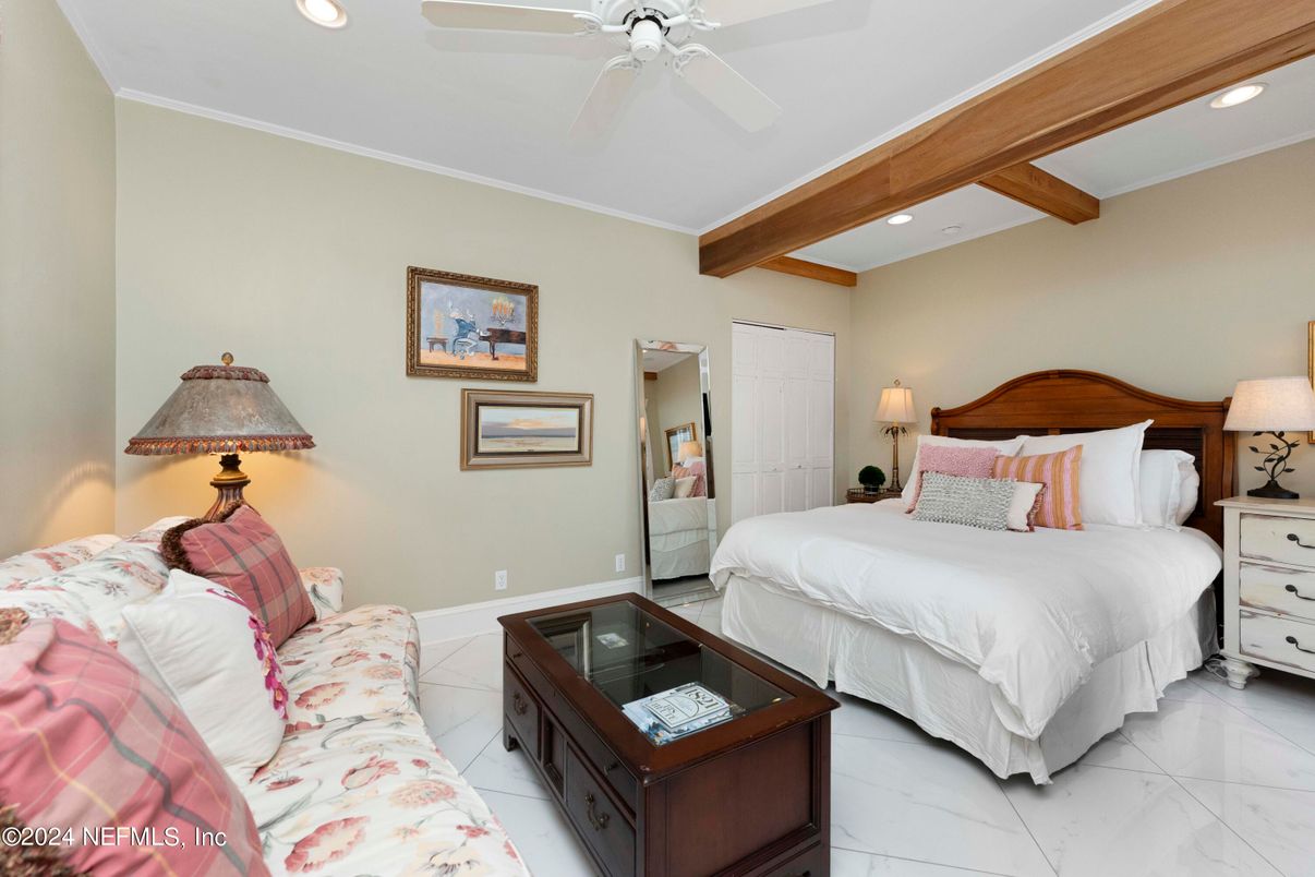 Bedroom, Interior, Marble, Recessed Lighting, Wooden Beams