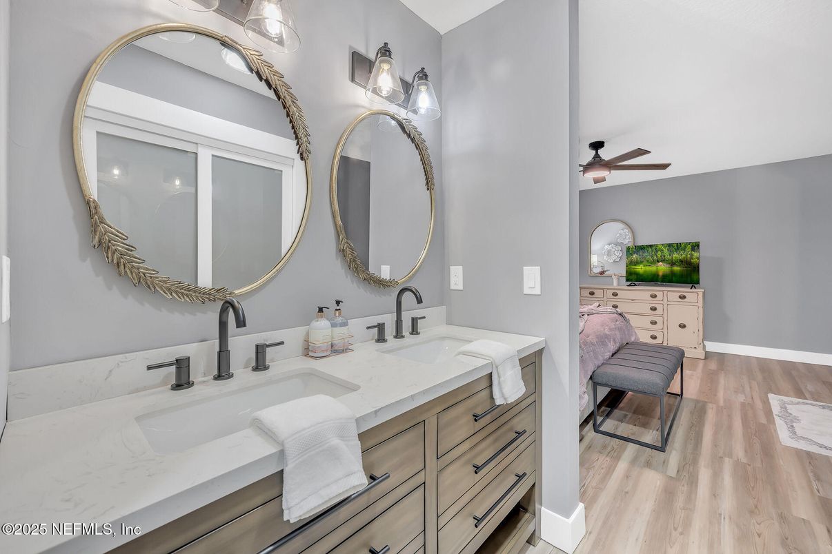 Bathroom, Dual Sink Vanities, Interior, Wood Texture Flooring
