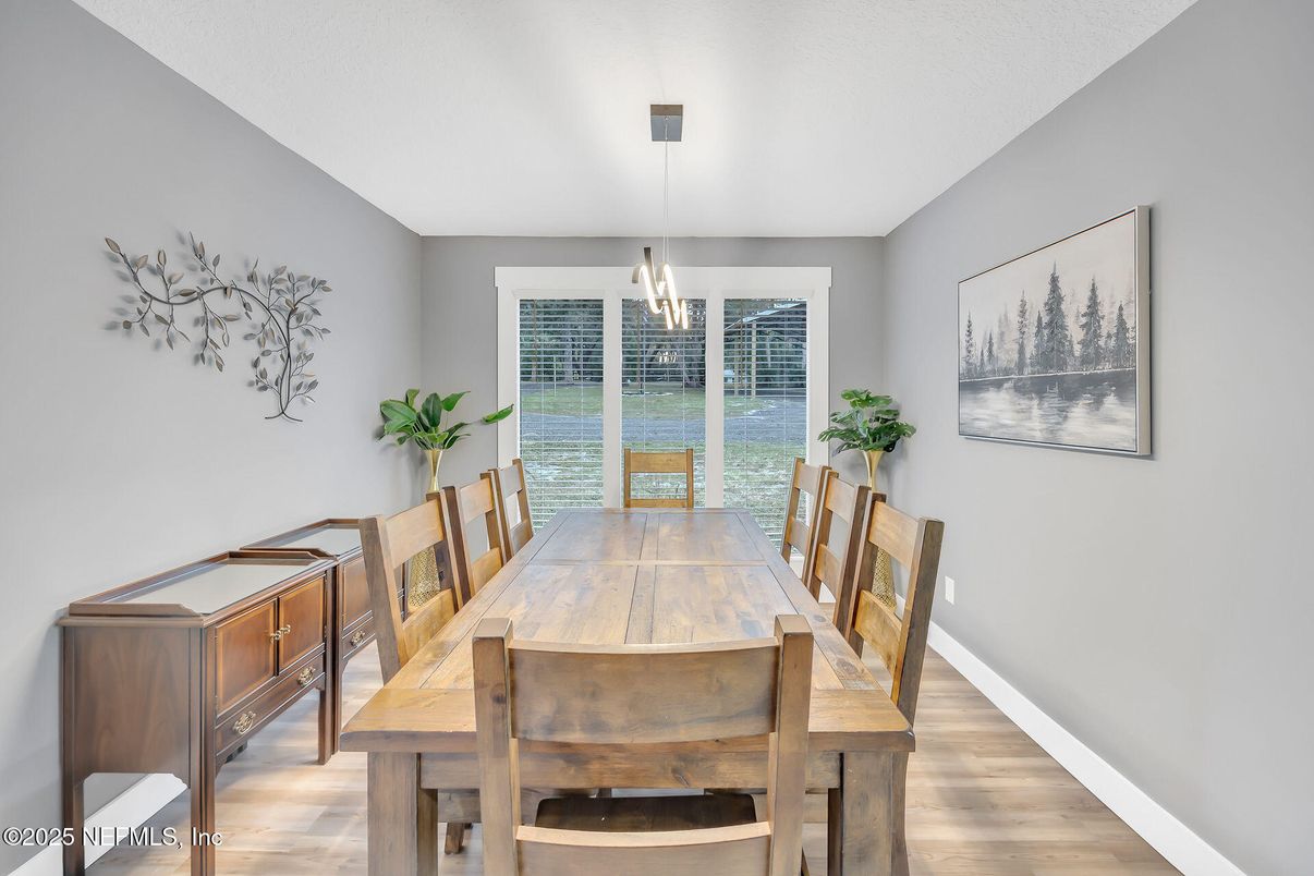 Dining room, Interior, Pendant Lights, Wood Texture Flooring