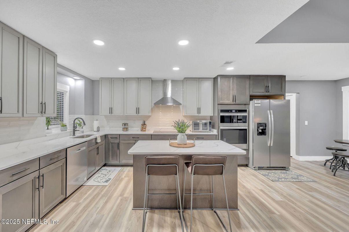 Interior, Kitchen, Recessed Lighting, Stainless Steel Appliances, Wood Texture Flooring